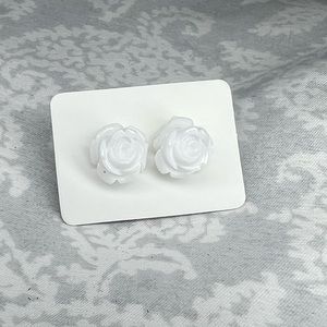 Metal-free White Rose Earrings, Plastic Post Studs, Allergy Free Hypoallergenic